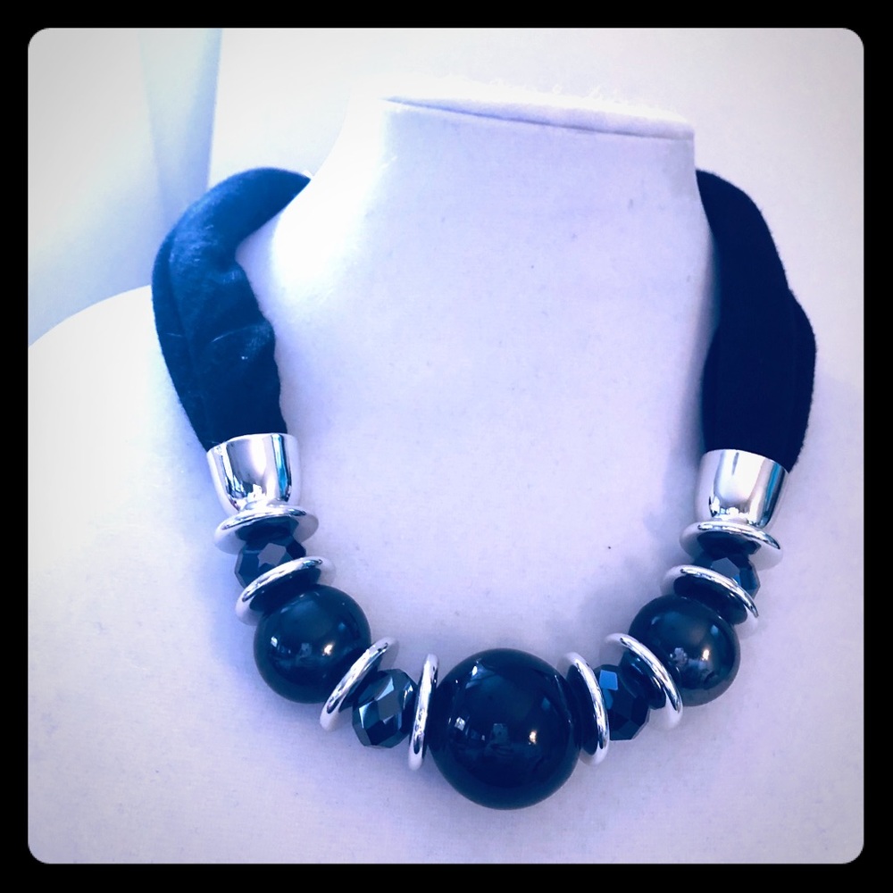 Gently loved silver & black cloth & bead necklace